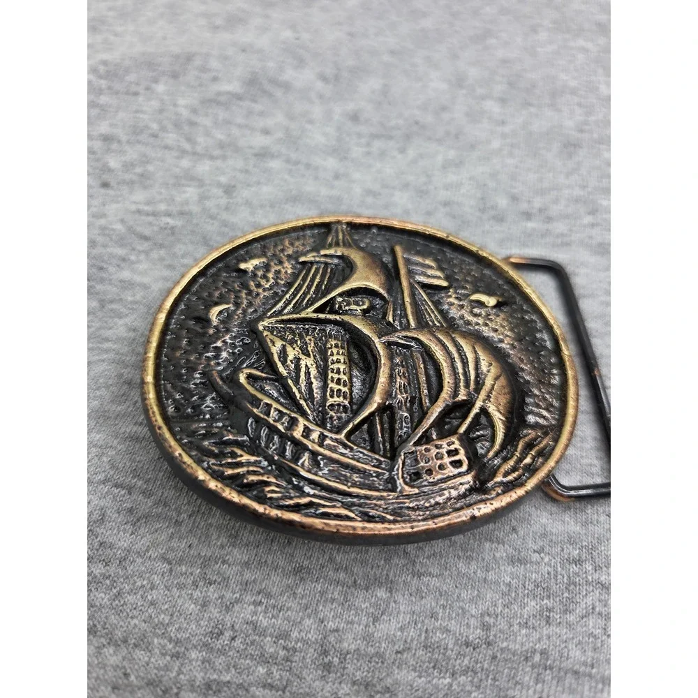 Vintage Solid Brass Clipper Sailing Ship Round Belt Buckle Sea
